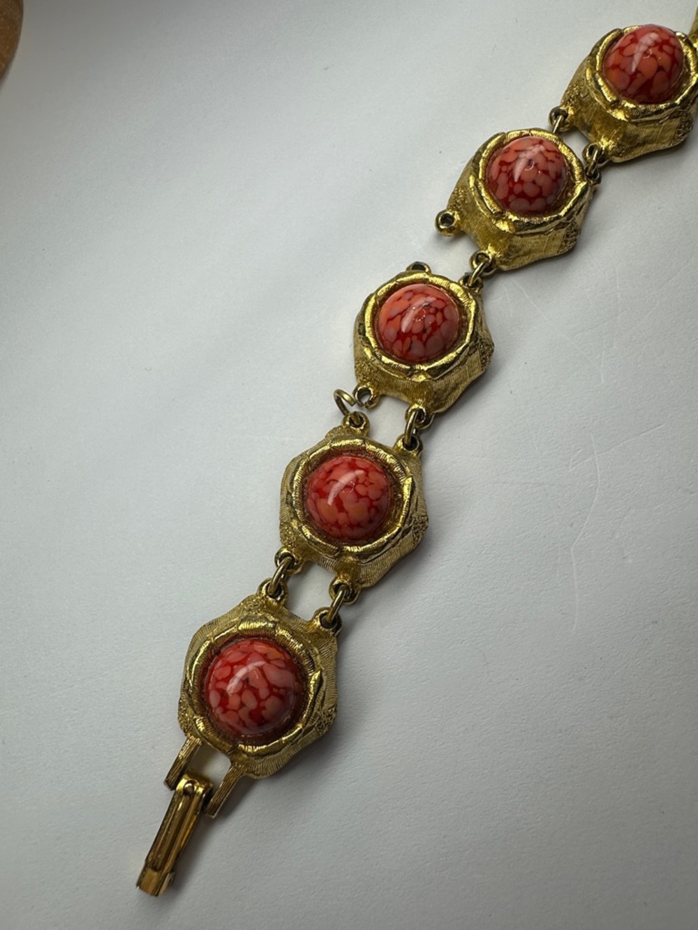 Vintage Czech Glass Bracelet For Repair with Red Marbled Glass Cabochons - Picture 4 of 15